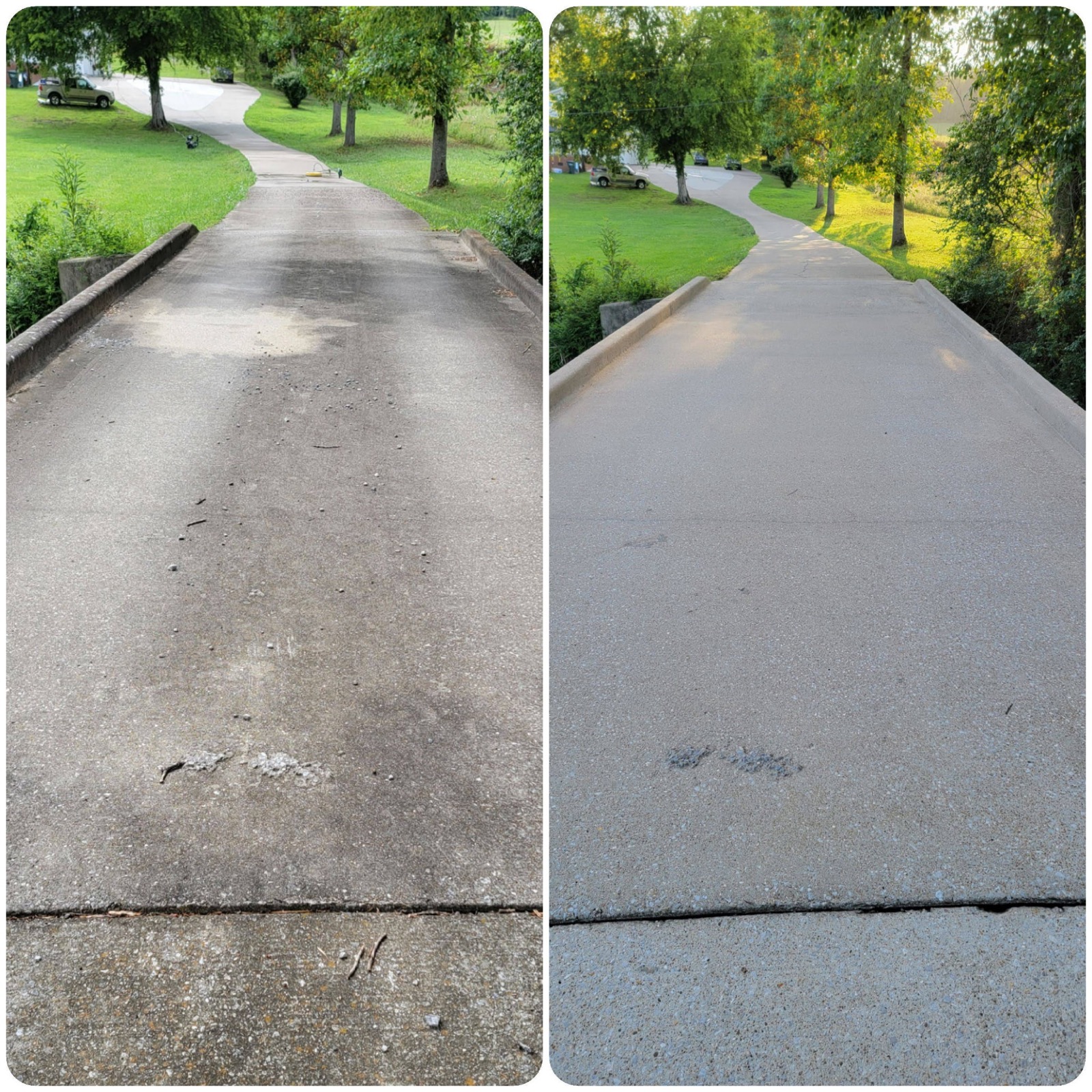 Before and after concrete driveway pressure washing result
